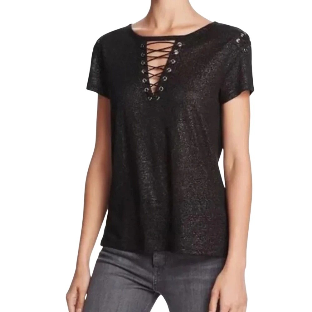 Generation Love Hugo Lace-up Metallic Linen Top Size S Black Short Sleeve